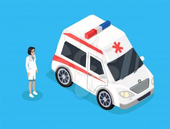 Doctor woman and ambulance car. First aid patients emergency and quick help of professional worker. Expert wearing coat and glasses isolated on vector
