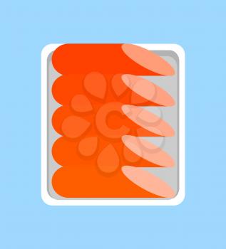 Butchery food in package vector icon, banger and frankfurter, weenie and red-hot. Sausages meat fresh organic products in plastic tray, retail market.