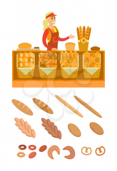 Supermarket seller of bread products and bakery vector. Variety of buns, baguettes and pretzels, donuts and baked cakes. Desserts and wheat pastry