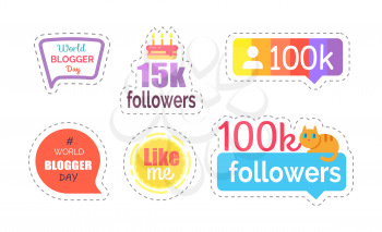 Followers and kitten on ribbon, banner with text stickers set vector. Chatting boxes and info on users following profile. Likes and popularity signs