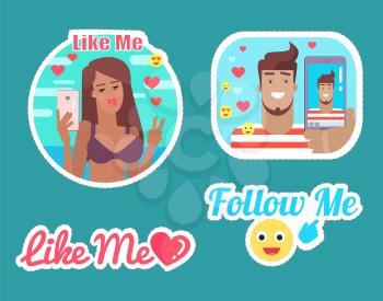 Follow and like me, bloggers male and female isolated stickers vector. Thumb up and emoji, like and person with phone taking photos and streaming
