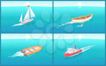 Water transport and wooden rowing boat, set of vessels vector. Ships for transportation of people goods, ferry and sailing vehicle with ribbon on top