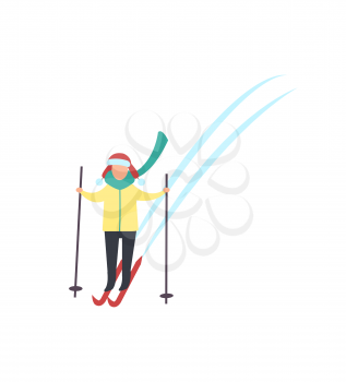 Child skiing down hills with sticks in hands winter sport activity isolated vector. Person in warm clothes goes ski running. Kids recreation at cold weather