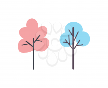 Pink and blue trees icons vector silhouettes of hand drawn oak and birch doodles. Simple plants with branches in flat style cartoon design, forest signs