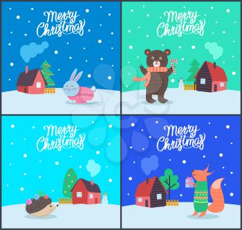 Merry Christmas greeting cards set with text and animals vector. Bear wearing scarf and holding candy, bunny and hedgehog, fox and house with tree