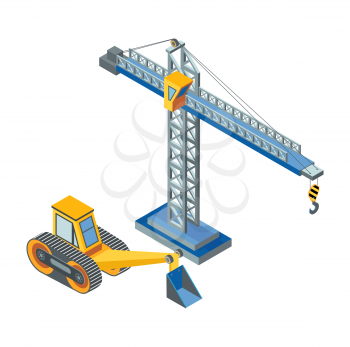 Excavator with bucket, lifting crane industrial construction isolated icons vector. Working machinery, bulldozer excavation works and lifting items