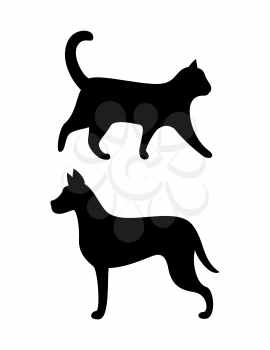 Black dog and cat silhouettes vector canine feline animals icons isolated. Grown up puppy and kitten, label for veterinary clinic vector illustration sign