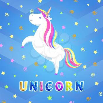 Mysterious horse from fairy tales or legends, childish animal vector. Unicorn with rainbow mane and sharp jumping in cartoon sky with swirls and stars