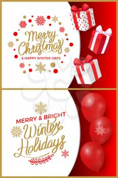 Merry Christmas and happy new year winter sale for customers vector. Boxes with ribbons and wrapping paper having print. Holidays offers and deals