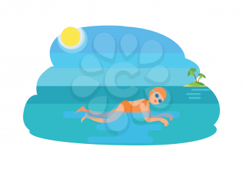 Breaststroke swimming female, woman wearing bathing suit goggles with hat. Sunshine and island seashore, exotic palm tree growing. Sportswoman vector