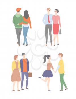 Husbands and wives, happy families, laughing people set isolated on white. Vector teenage and middle age pairs, dating and flirting men and women in love