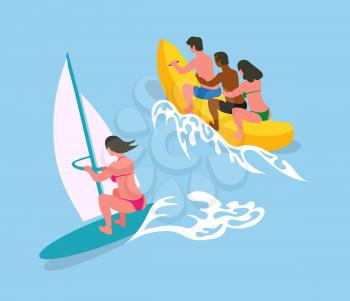 Woman swimming on surfboard with canvas in blue sea waters. People ride on banana boat. Vector cartoon character in bikini suit on summer rest, back view