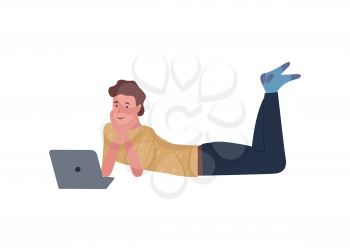 Man lying on floor and watching film on notebook isolated cartoon character. Vector teenage guy with laptop, young boy and computer, flat style