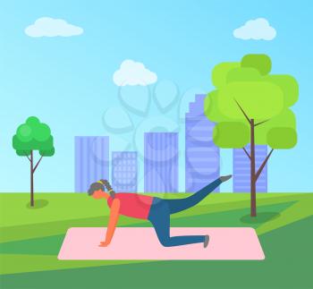 Fitness training and morning exercise, woman doing yoga in park on rug vector. Girl lifting legs on mat, outdoor workout and nature, city on horizon
