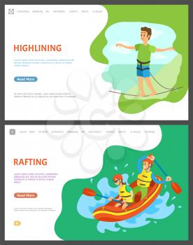 Highlining balancing man vector, male walking on thin line walker with stretched hands. Rafting team in boat, boating and kayaking male and female. Website or webpage template, landing page flat style