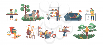People gardening and cooking, fixing motorbikes vector. Reading books and drawing on canvas, playing guitar and caring for horses animal, men and women