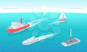 Water transport ferry and yacht different types of vessels set vector. Platform and rocket ready for launching. Transportation of people sailing boat