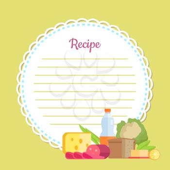 Recipe round cookbook in yellow decorated by bottle, sausage and cheese, bread and batter, cabbage and lemon, noting list for homemade dish vector