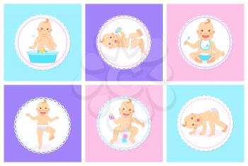 Child with positive face vector, isolated kid playing with cubes for cognitive abilities development, baby holding spoon and eating meal from bowl
