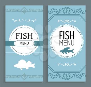 Fish menu vector, prices on food and dishes dietary products. Meat in different eatery, banner with ornaments and prepared ingredients brochures set