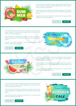Summer big sale discounts poster set with text vector. Lifebuoy and watermelon, cocktail with straw and orange slice. Promotion seasonal new offers