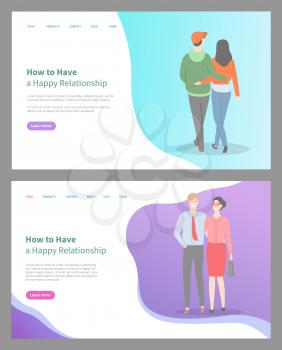 How to build happy relationship vector, man and woman holding hands. Happiness of people in love spending time together living in harmony. Website or webpage template, landing page flat style