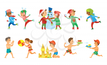 Children vacations in summer and winter vector, kids building snowman and sand castle, playing water fight and snowball battle. Volleyball on beach