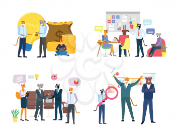 Successful workers hipster animals vector, isolated set of character working in finance area, businessman tiger, bear and raccoon with magnifying glass