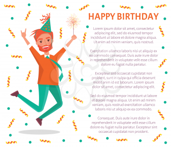 Happy birthday poster, redhead bearded man merrily jump on party. Male cartoon character in festive hat and sparkler leap of joy, vector tinsels and text sample