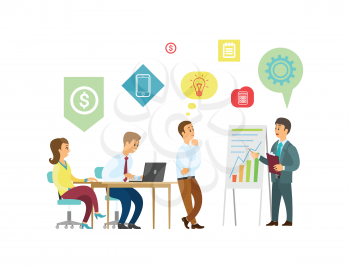 Teamwork, boss and employees with graphic presentation vector. Men and women, office workers and laptop, business project and work strategy, progress