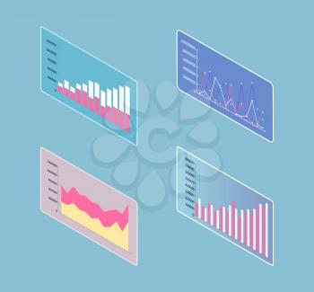 Visualized information on boards vector. Isolated isometric 3d icons of screen with business info and statistics, analytics and flowcharts on monitors