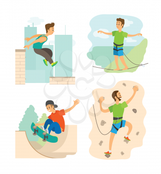 Highlining and parkour in city vector, wall climbing man training in gym with safety belt. Skateboarder young person with skateboard practicing set
