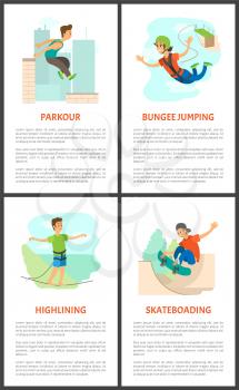 Highlining and skateboarding person vector, man holding balance, bungee jumping woman. Skateboarder teenager wearing cap, extreme sports practice