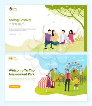 Welcome to amusement park vector, people having fun at spring festival. Man and woman friends laughing sitting on grass under trees, ferris wheel. Website or webpage template, landing page flat style
