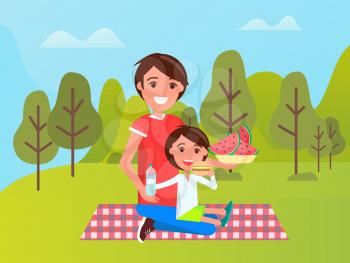 Smiling father and son sitting on mat, boy eating burger, dad holding bowl with watermelon. People relaxing in green park or forest, sportwear vector