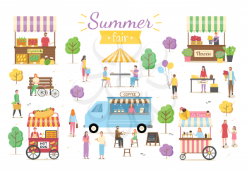 Summer fair activities vector, man and woman eating hotdogs under umbrella shade, flowers in pots, ice cream sweets cold dessert, kid with balloon