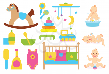 Children vector, plush horse on wooden stand, bowl with spoon. Crib cradle for kiddo with pillows, clothing and bottle, toys for abilities development