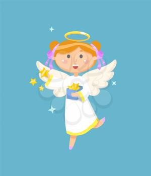 Christmas or Easter symbol, angel with box of stars, religious holiday vector. Girl in dress with halo and wings, heaven creature, Valentines day