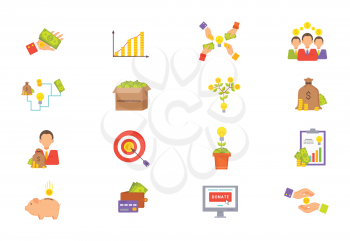 Crowdfunding vector, hand with dollar banknotes, target aim and businessman isolated icons set. Clipboard with plan and statistics, people with assets
