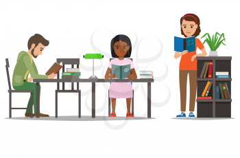 People reading textbooks in library. Man and woman seating at the table and standing with open book in hand isolated flat vector. Enthusiastic readers illustration for educational and hobby concept