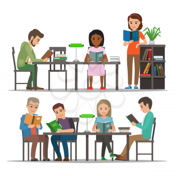 People reading textbooks in library. Man and woman seating at the table and standing with open book in hand isolated flat vectors. Enthusiastic readers illustration for educational and hobby concept