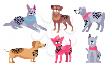 Relaxed doberman, friendly rottweiler, German wirehaired pointer, cute dachshund, Chinese crested dog and calm malamute vector illustrations.