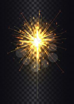 Sparkler on stick poster, Bengal light fired up, symbolic object during celebration of New Year, vector illustration isolated on black and golden