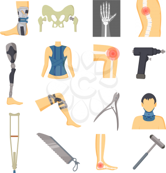 Orthopedic icons collection, hand shown in x-ray, man with bandage on neck, leg and foot in pain, spine and problems, tools vector illustration icons set