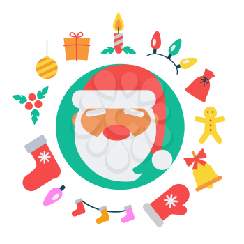 Santa Claus and icons of candle with present, mistletoe and ball, sock and garland, bell and mitten, bag around him isolated on vector illustration
