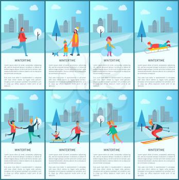 Wintertime collection with text sample and letterings, people having fun outdoor in winter park, cityscape on background vector illustration