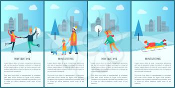 Wintertime people and text sample, placards set with skating couple, mom and child walking dog, woman with snowball, kid on sled vector illustration