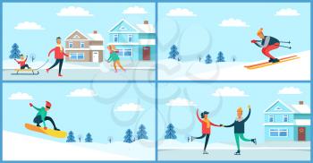 Winter sport and activities outdoors, man with sled and son sitting on it, male skiing and couple ice-skating, snowboarder vector illustration
