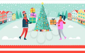 Man and woman on Christmas celebration, outdoors beside evergreen tree with presents and good mood, decoration and nature vector illustration