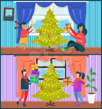 Home celebration, collection of posters with people and Christmas tree decorated with garlands, family with presents, interior vector illustration